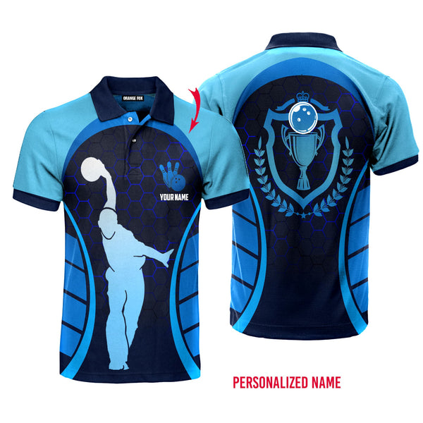 Bowling Player Blue Cup Custom Name Polo Shirt For Men & Women