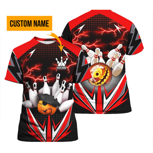 Bowling Red Fire Happy Halloween Custom Name T Shirt For Men & Women