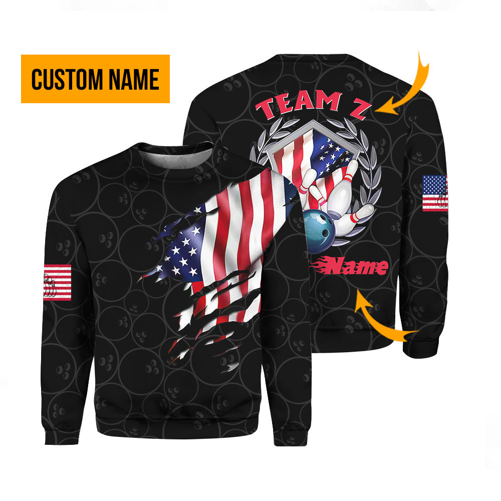 Bowling Team American Flag Custom Name Crewneck Sweatshirt For Men & Women