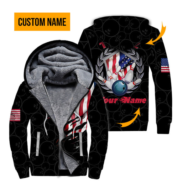 Bowling Team American Flag Custom Name Fleece Zip Hoodie For Men & Women