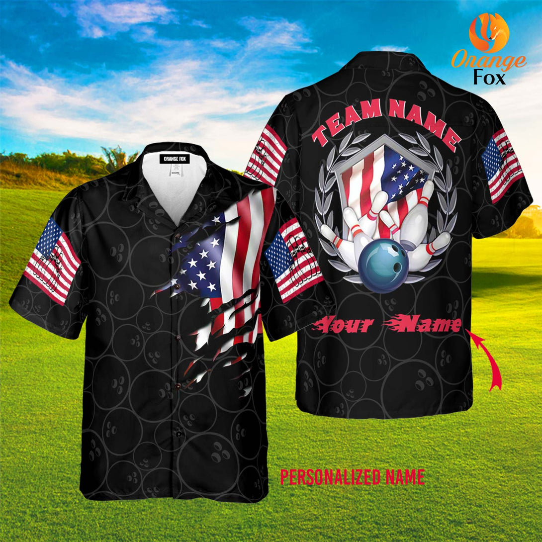 Bowling Team American Flag Custom Name Hawaiian Shirt For Men & Women