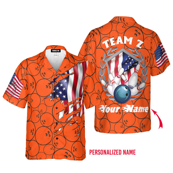 Bowling Team American Flag Custom Name Hawaiian Shirt For Men & Women