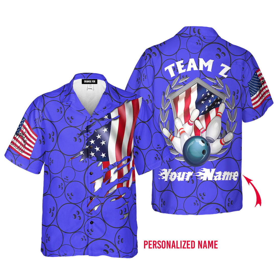 Bowling Team American Flag Custom Name Hawaiian Shirt For Men & Women