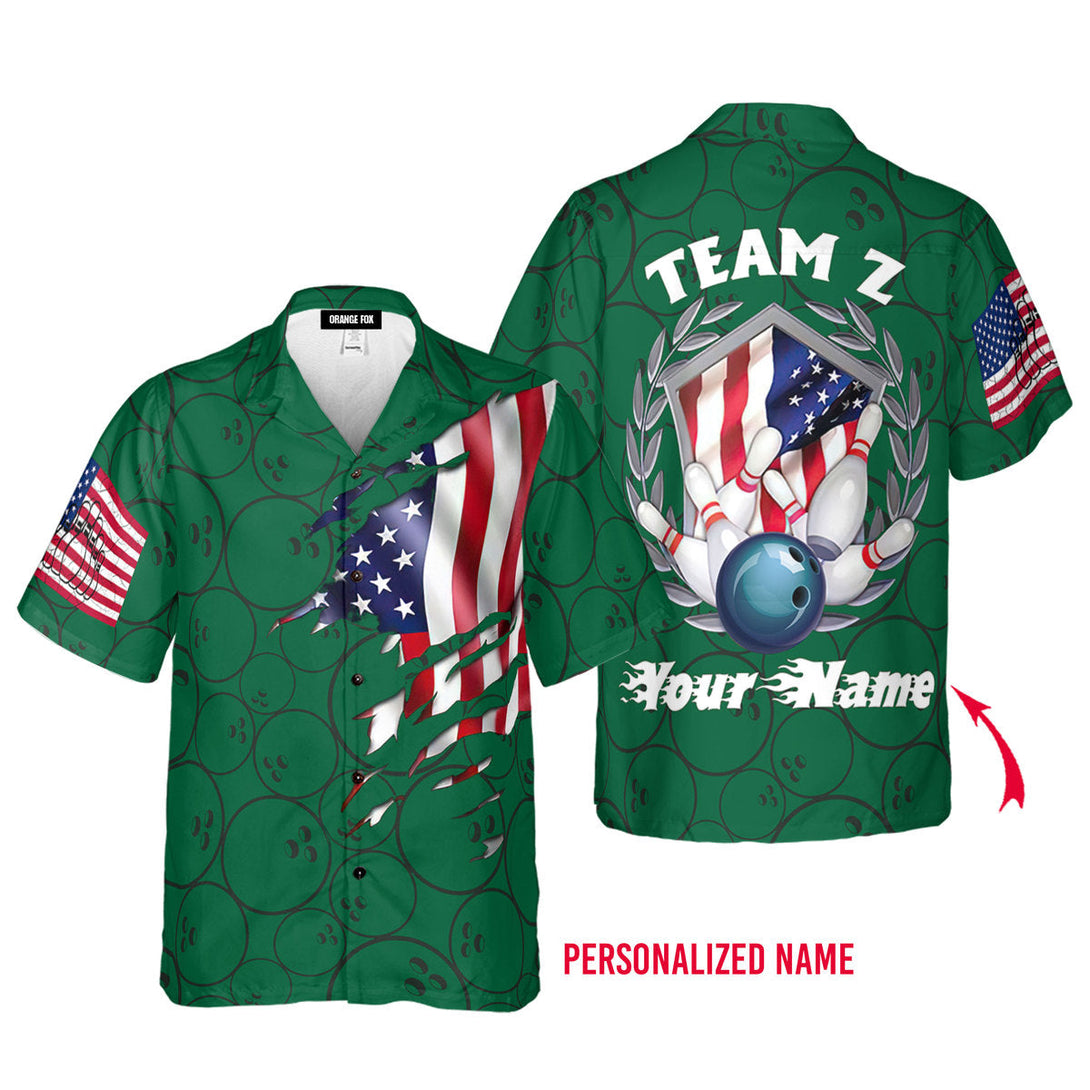 Bowling Team American Flag Custom Name Hawaiian Shirt For Men & Women