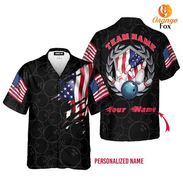 Bowling Team American Flag Custom Name Hawaiian Shirt For Men & Women