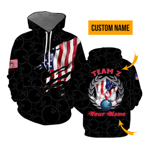 Bowling Team American Flag Custom Name Hoodie For Men & Women