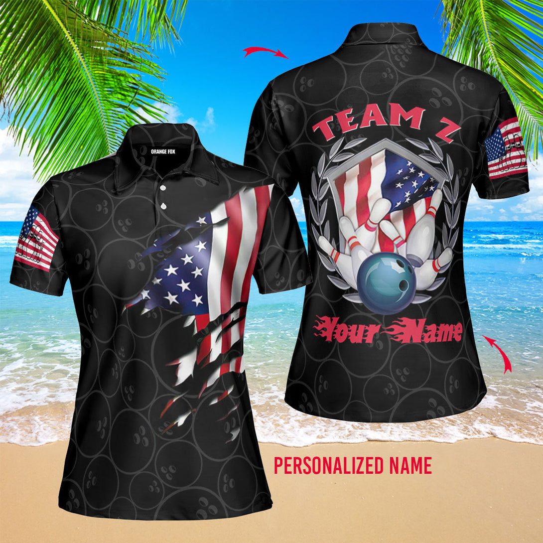 Bowling Team American Flag Custom Name Polo Shirt For Men & Women