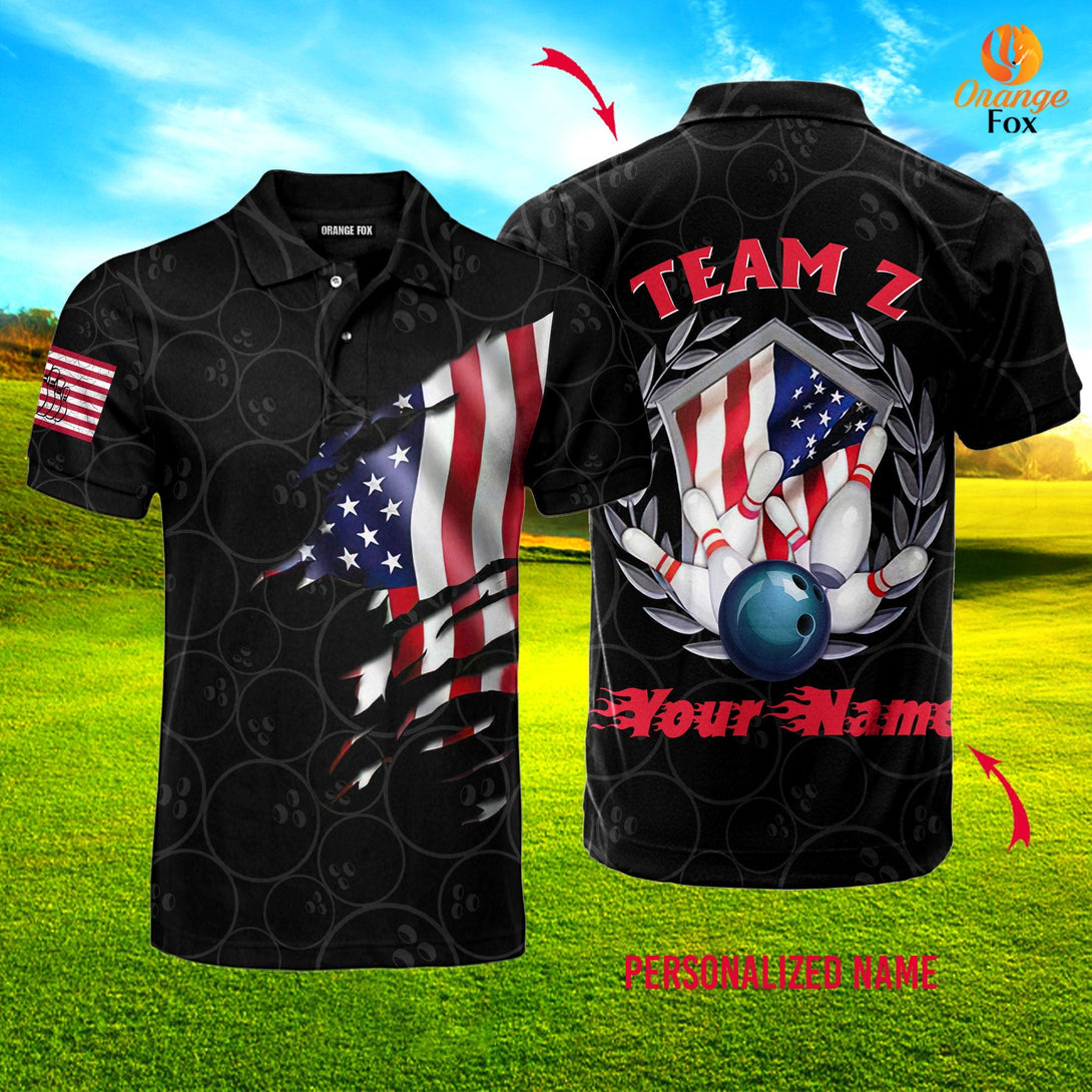 Bowling Team American Flag Custom Name Polo Shirt For Men & Women