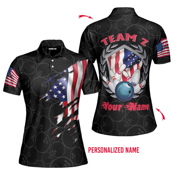 Bowling Team American Flag Custom Name Polo Shirt For Men & Women