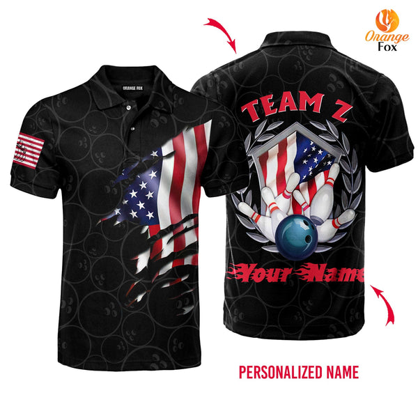 Bowling Team American Flag Custom Name Polo Shirt For Men & Women