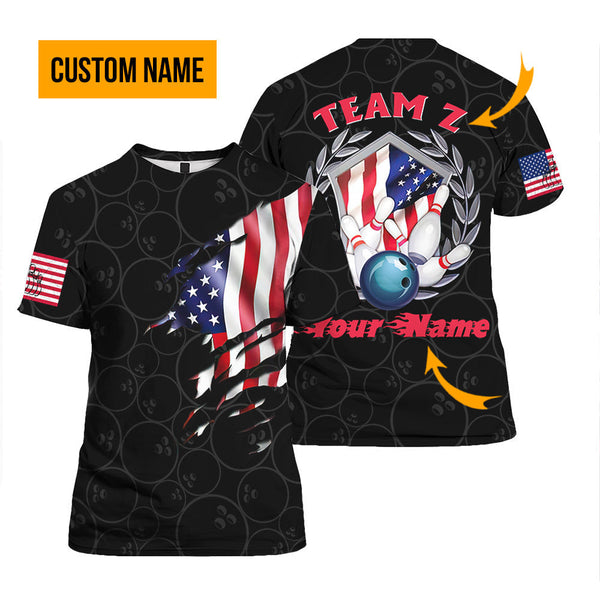 Bowling Team American Flag Custom Name T Shirt For Men & Women