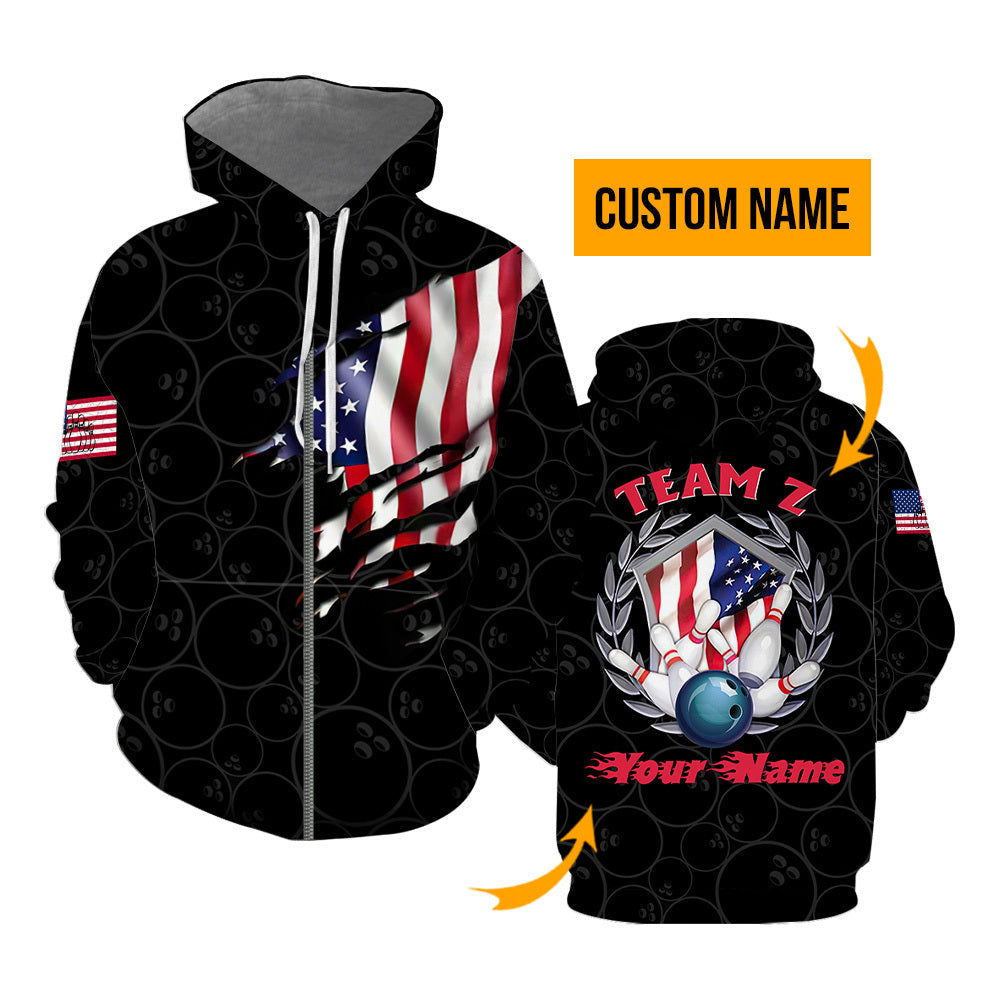 Bowling Team American Flag Custom Name Zip Up Hoodie For Men & Women