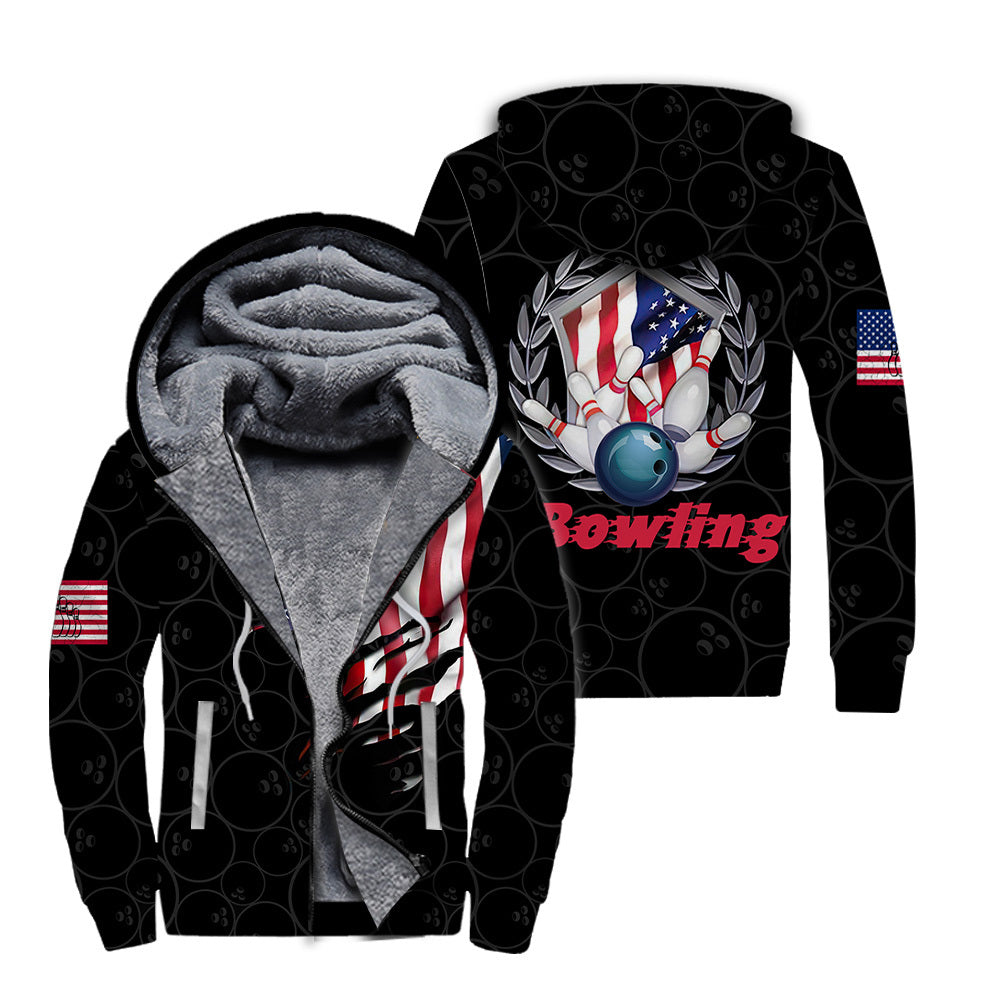 Bowling Team American Flag Fleece Zip Hoodie For Men & Women