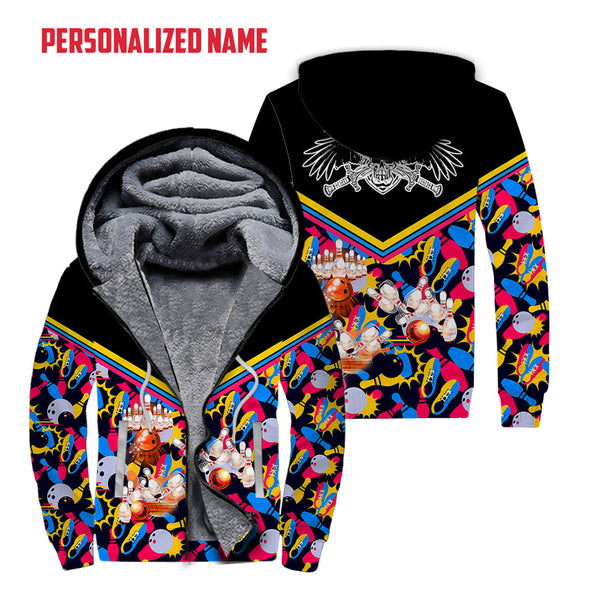 Colorful Bowling Custom Name Fleece Zip Hoodie For Men & Women