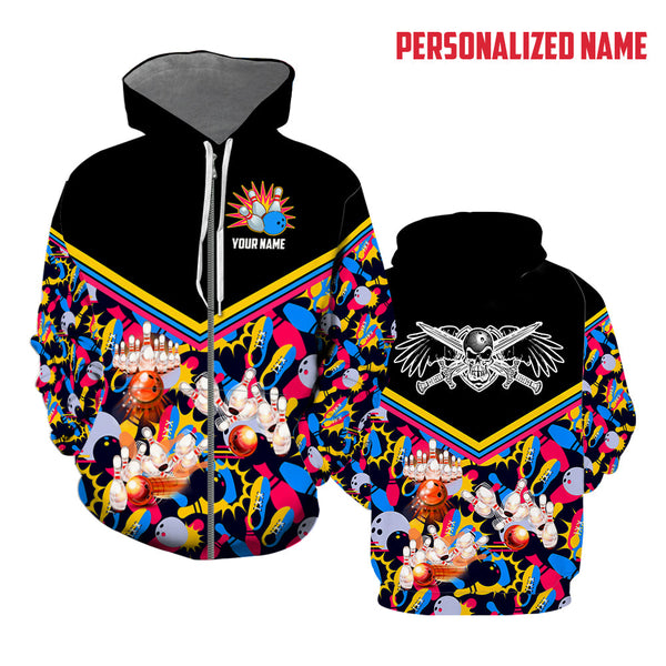 Colorful Bowling Custom Name Zip Up Hoodie For Men & Women