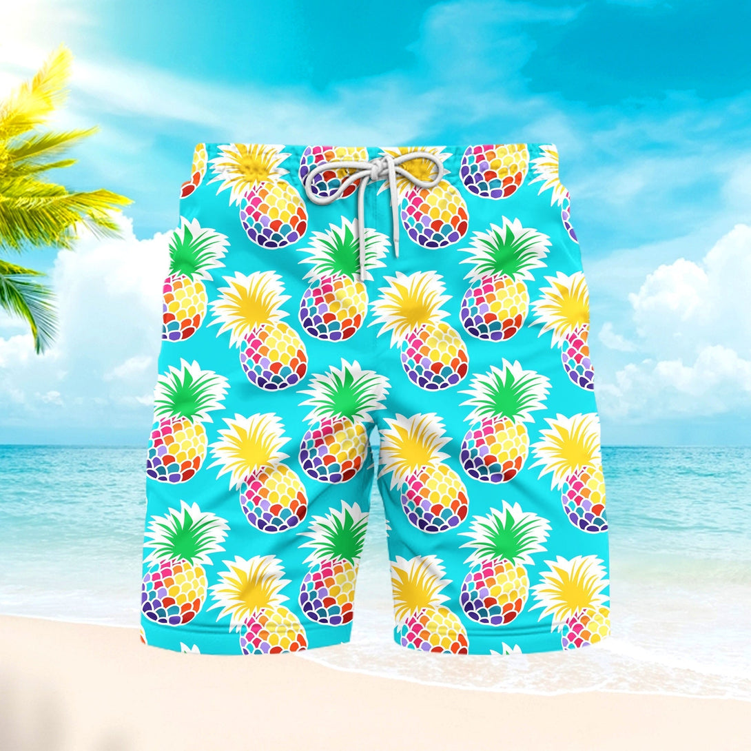 Colorful Pineapples Blue Beach Shorts For Men