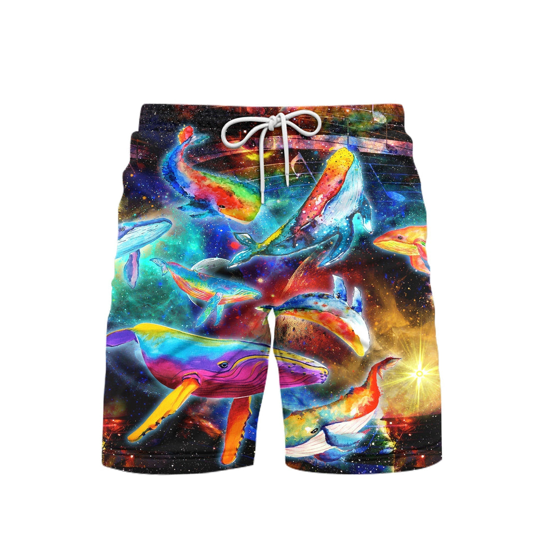 Colorful Whales Dancing In The Galaxy Neon Beach Shorts For Men