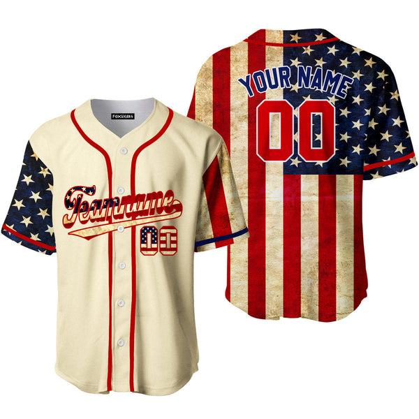 Cream, Blue And Red USA Flag Custom Baseball Jerseys For Men & Women