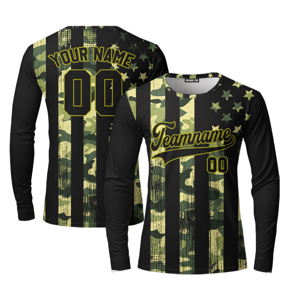 Custom American Flag Camo Style Black Yellow Custom Long Sleeve T-Shirt For Men & Women