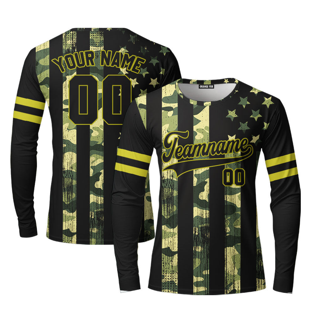 Custom American Flag Camo Style Black Yellow Custom Long Sleeve T-Shirt For Men & Women