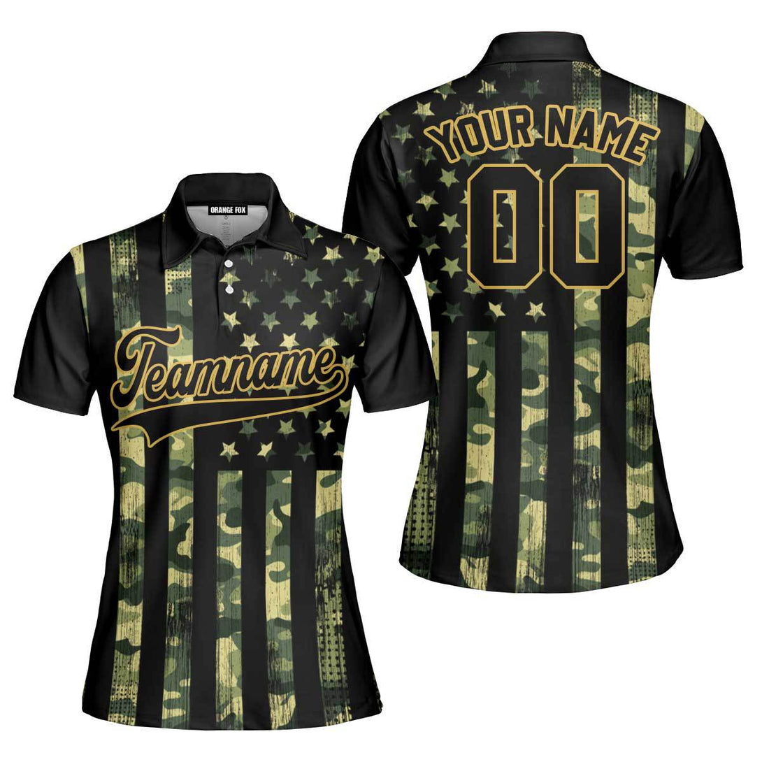 Custom American Flag Camo Style Black Yellow Custom Polo Shirt For Women