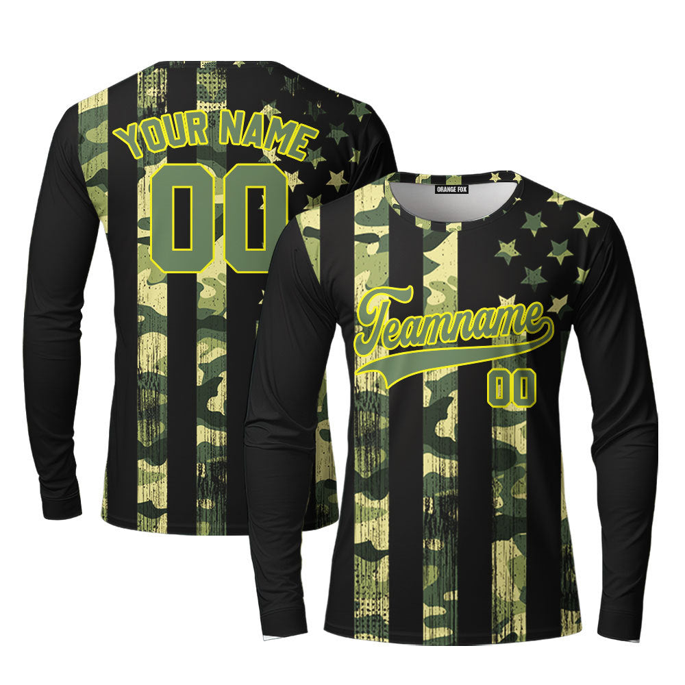 Custom American Flag Camo Style Green Cream Custom Long Sleeve T-Shirt For Men & Women