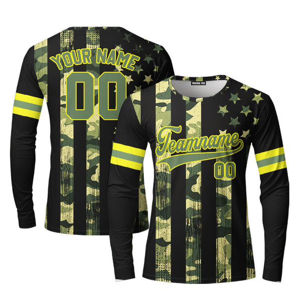 Custom American Flag Camo Style Green Cream Custom Long Sleeve T-Shirt For Men & Women