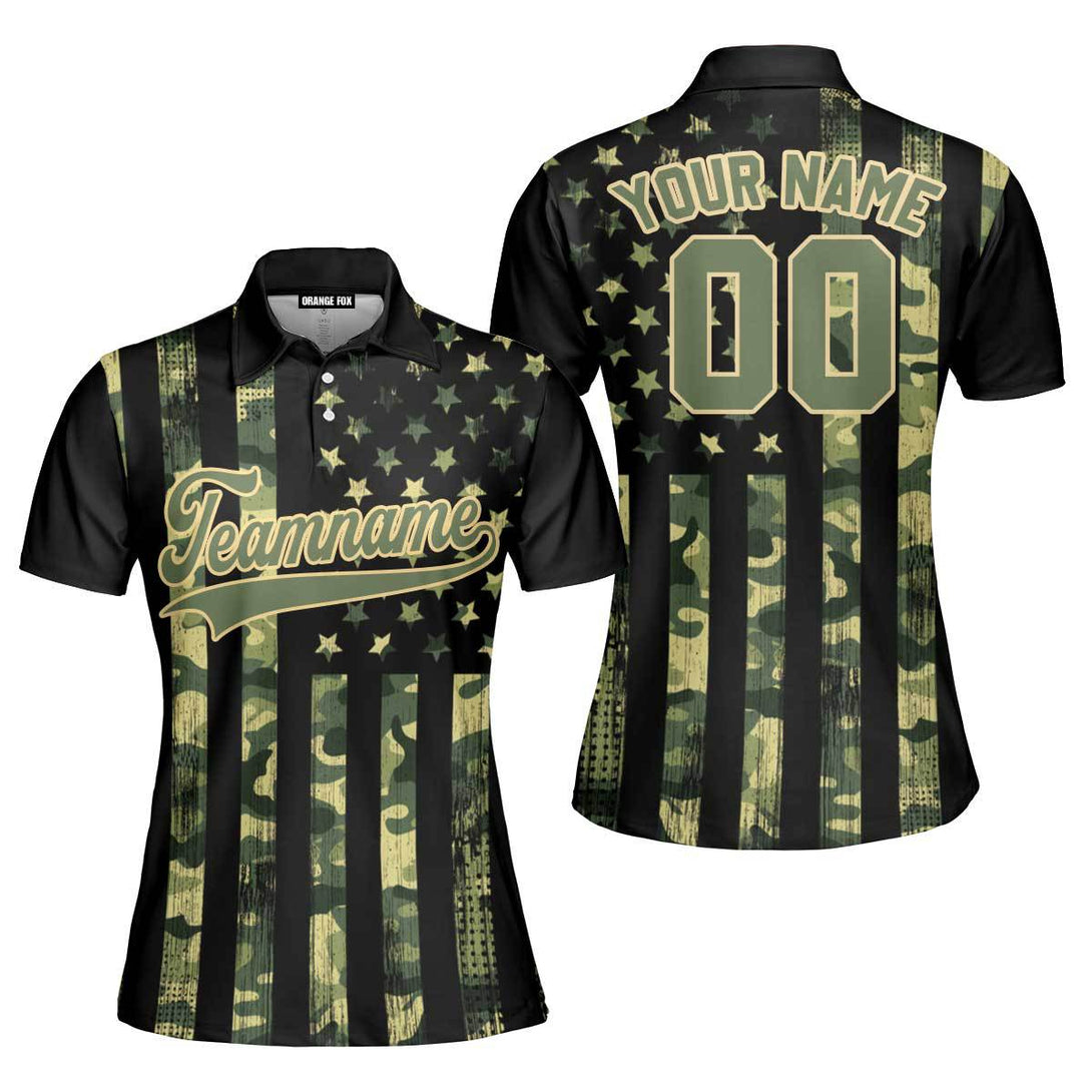 Custom American Flag Camo Style Green Cream Custom Polo Shirt For Women