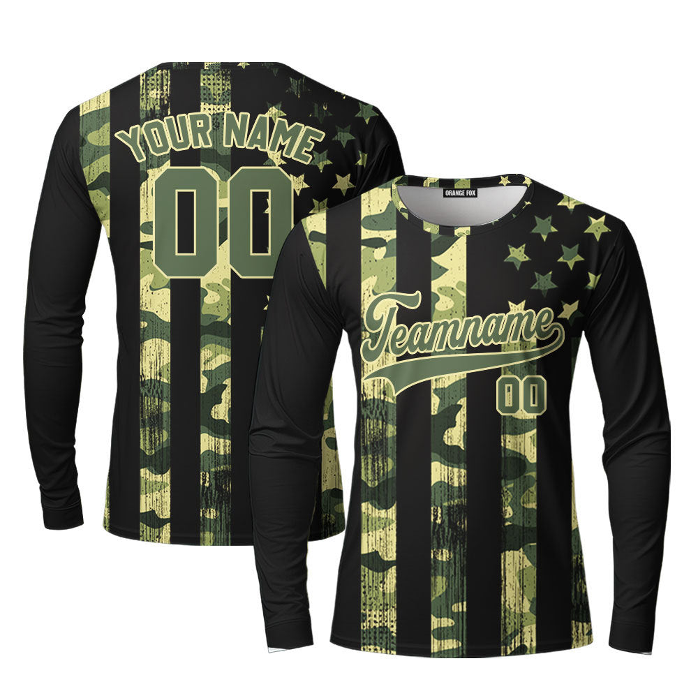 Custom American Flag Camo Style Green Yellow Custom Long Sleeve T-Shirt For Men & Women