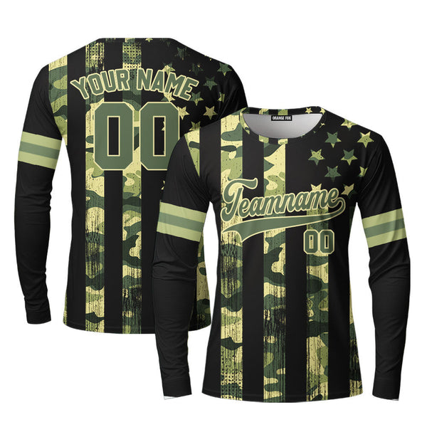 Custom American Flag Camo Style Green Yellow Custom Long Sleeve T-Shirt For Men & Women