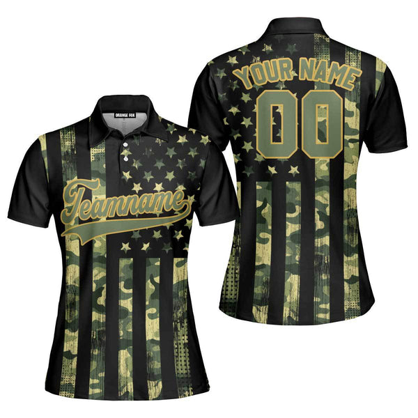 Custom American Flag Camo Style Green Yellow Custom Polo Shirt For Women