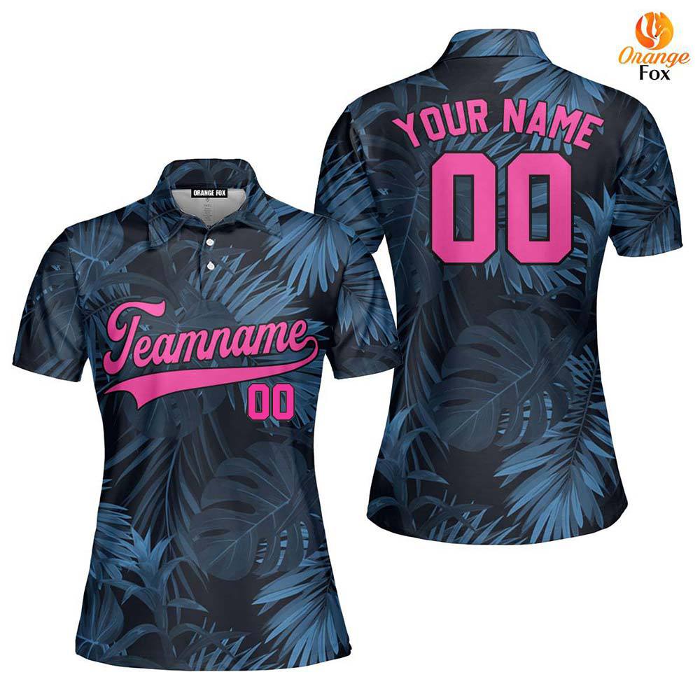 Custom Authentic Tropical Pattern Pink Black Custom Polo Shirt For Women