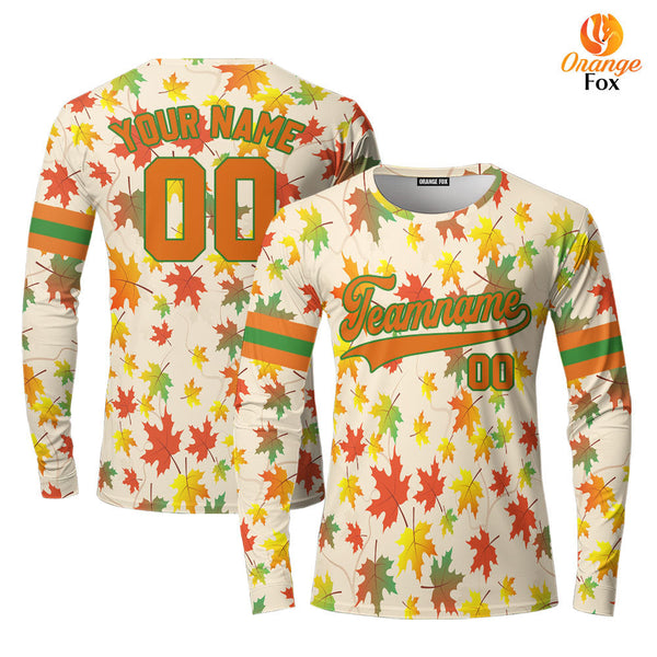 Custom Autumn Leaves Orange Green Custom Long Sleeve T-Shirt For Men & Women