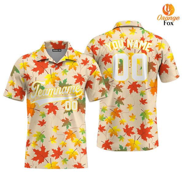 Custom Autumn Leaves White Yellow Custom Polo Shirt For Men