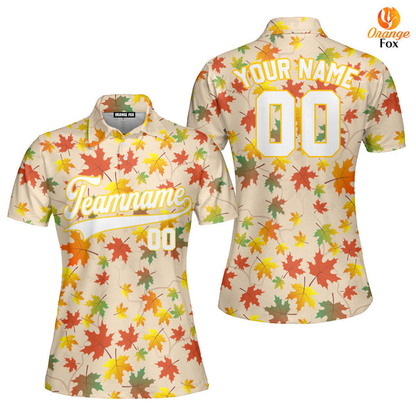 Custom Autumn Leaves White Yellow Custom Polo Shirt For Women