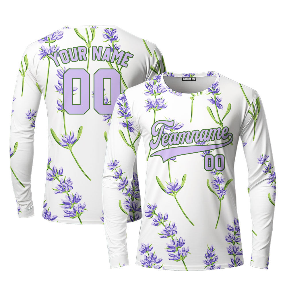 Custom Beautiful Lavender Pattern White Green Custom Long Sleeve T-Shirt For Men & Women