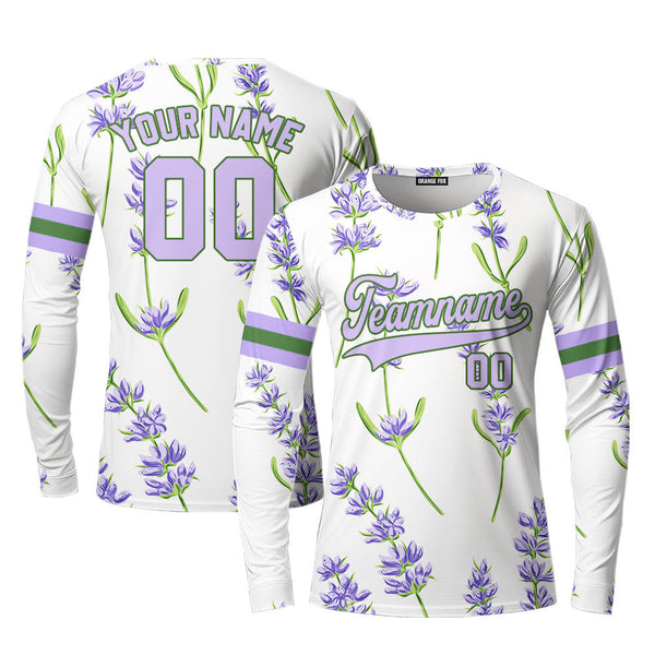 Custom Beautiful Lavender Pattern White Green Custom Long Sleeve T-Shirt For Men & Women