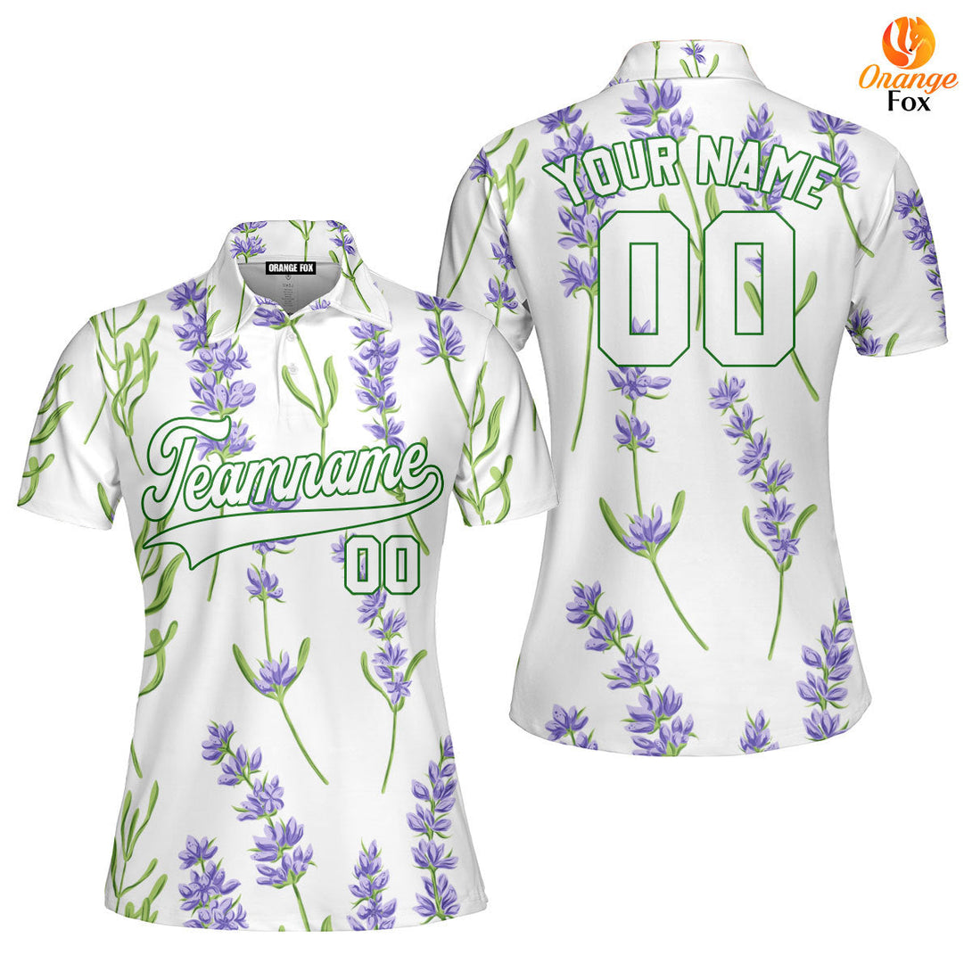 Custom Beautiful Lavender Pattern White Green Custom Polo Shirt For Women