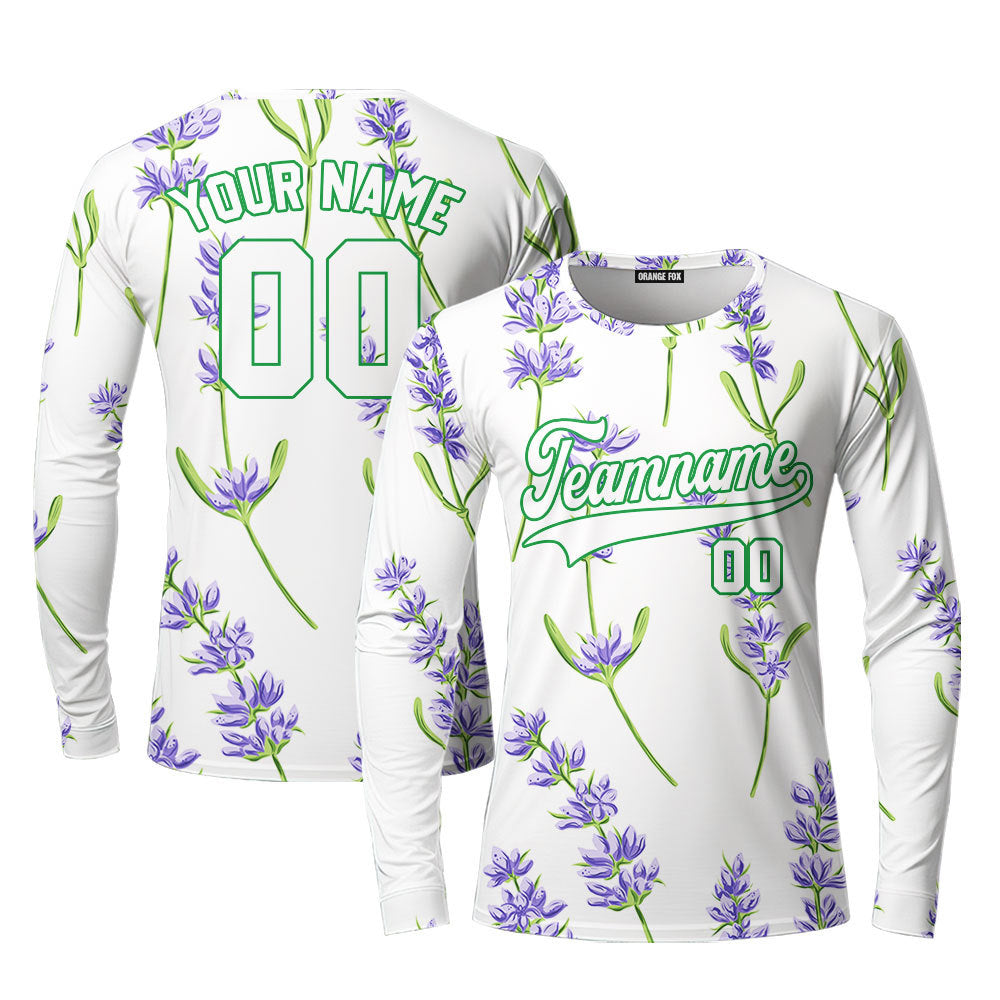 Custom Beautiful Lavender Pattern White Purple Custom Long Sleeve T-Shirt For Men & Women