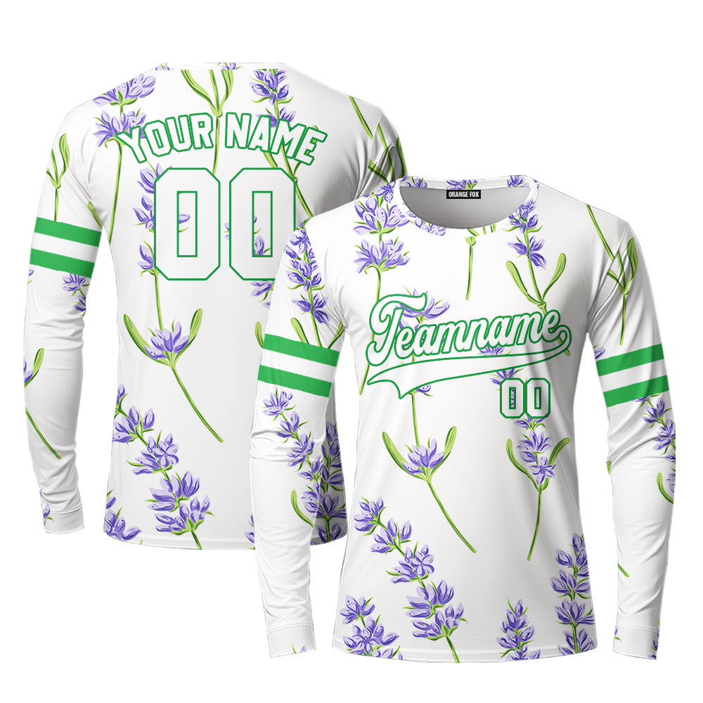 Custom Beautiful Lavender Pattern White Purple Custom Long Sleeve T-Shirt For Men & Women