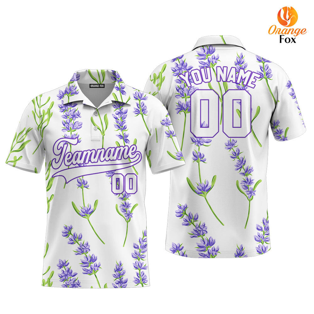Custom Beautiful Lavender Pattern White Purple Custom Polo Shirt For Men