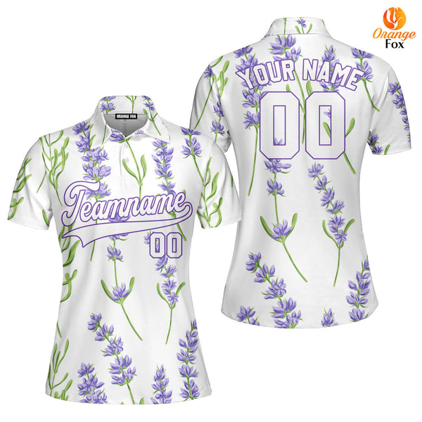 Custom Beautiful Lavender Pattern White Purple Custom Polo Shirt For Women