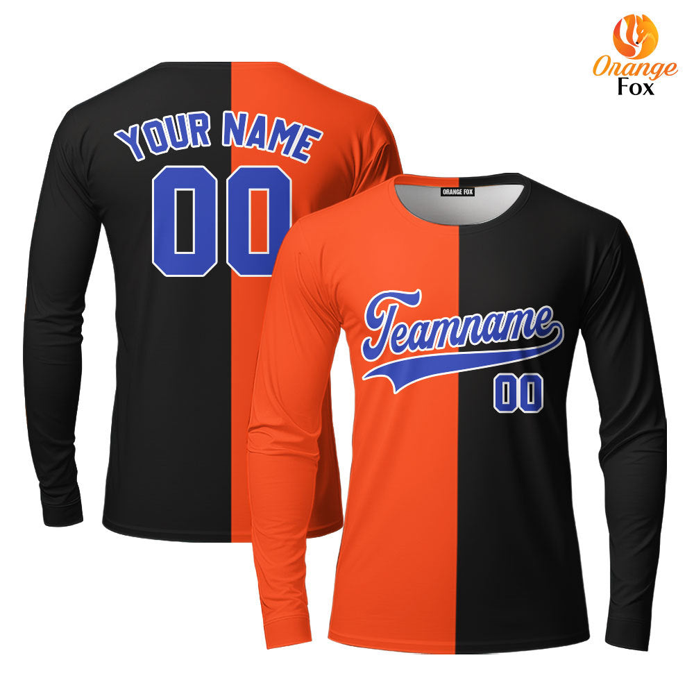 Custom Black Blue Orange Split Fashion Custom Long Sleeve T-Shirt For Men & Women