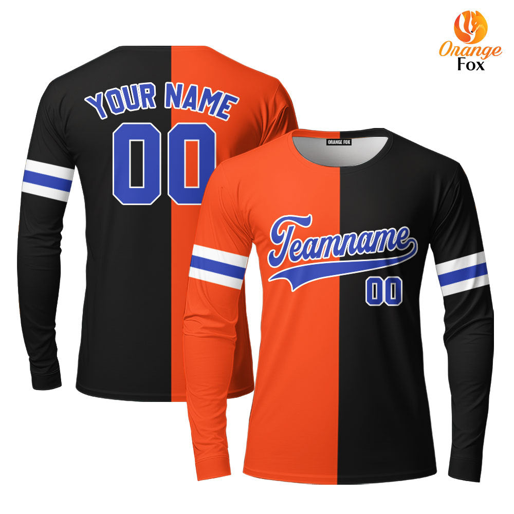 Custom Black Blue Orange Split Fashion Custom Long Sleeve T-Shirt For Men & Women