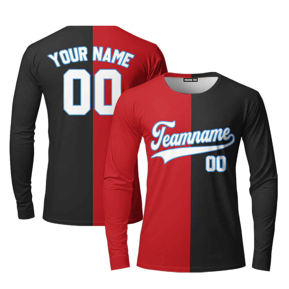 Custom Black Curious Blue Red Split Fashion Custom Long Sleeve T-Shirt For Men & Women