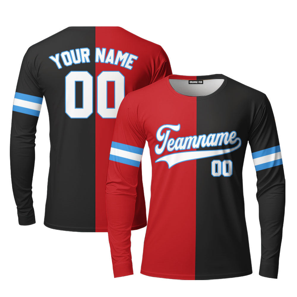 Custom Black Curious Blue Red Split Fashion Custom Long Sleeve T-Shirt For Men & Women