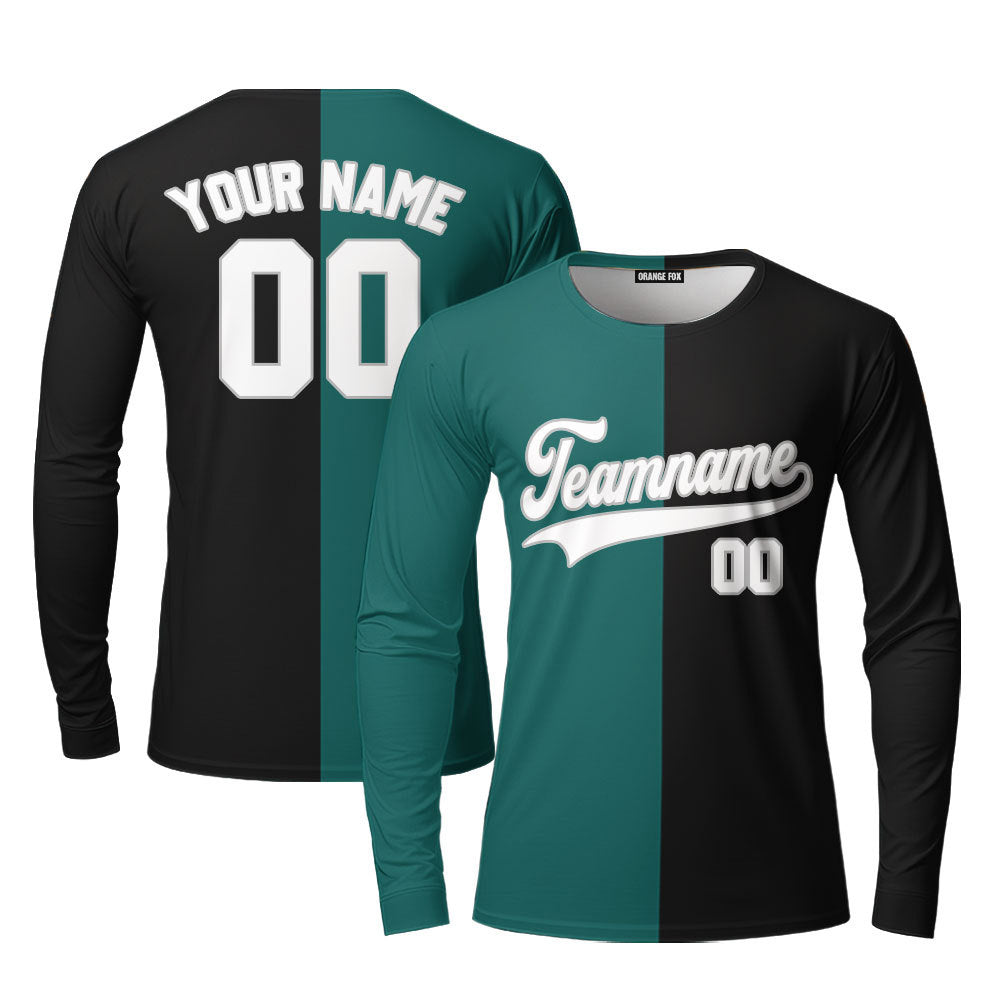 Custom Black Gray Teal Split Fashion Custom Long Sleeve T-Shirt For Men & Women