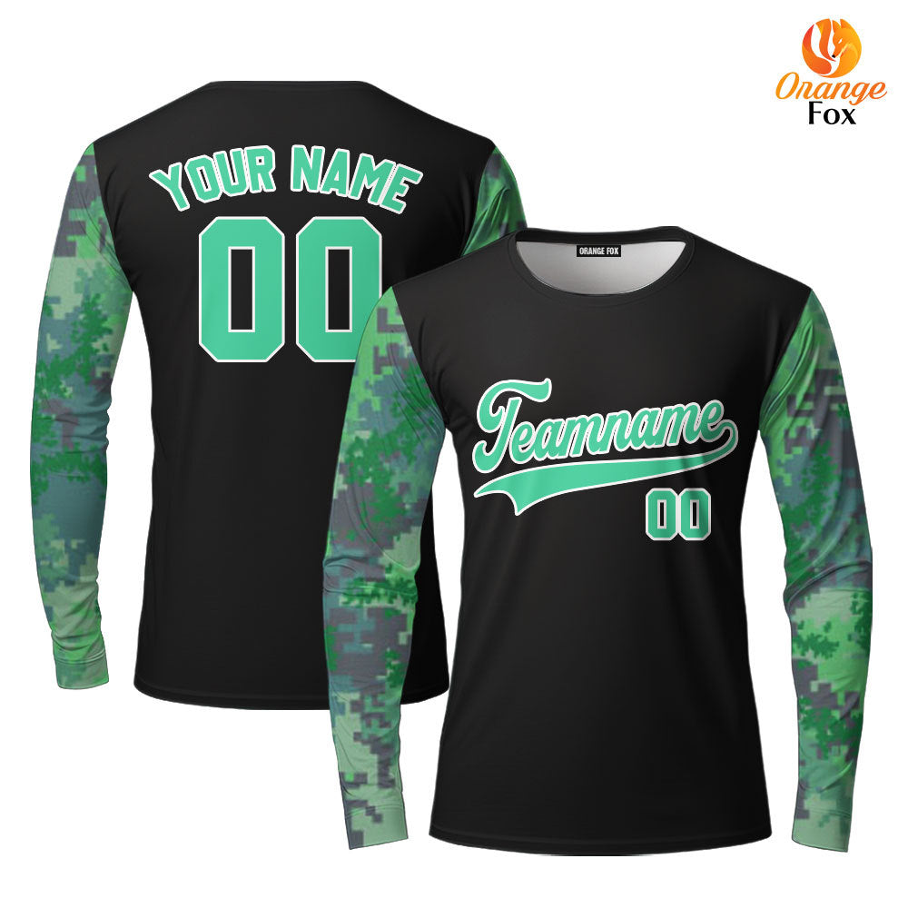 Custom Black Green Camo Raglan Green White Custom Long Sleeve T-Shirt For Men & Women