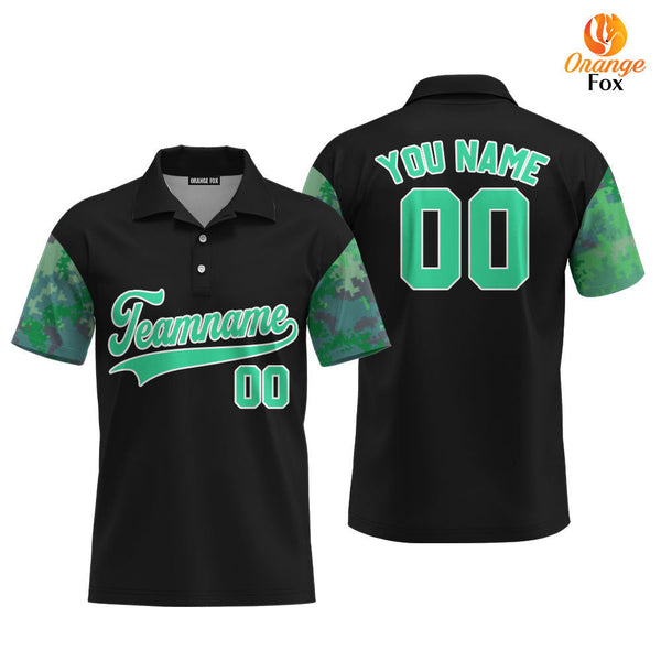 Custom Black Green Camo Raglan Green White Custom Polo Shirt For Men