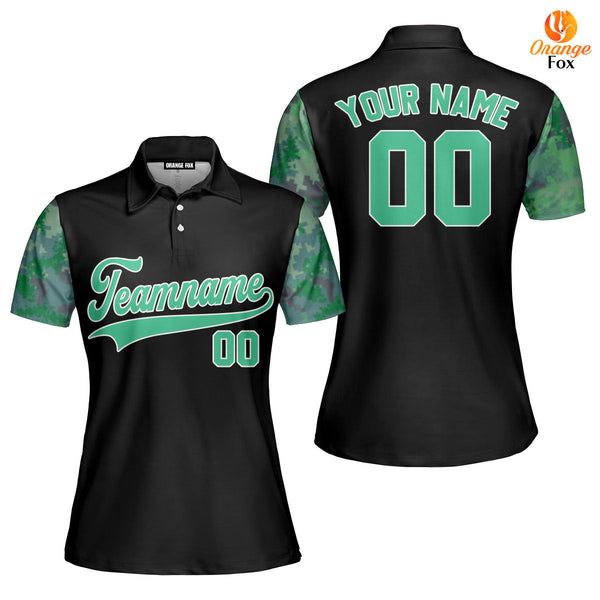 Custom Black Green Camo Raglan Green White Custom Polo Shirt For Women